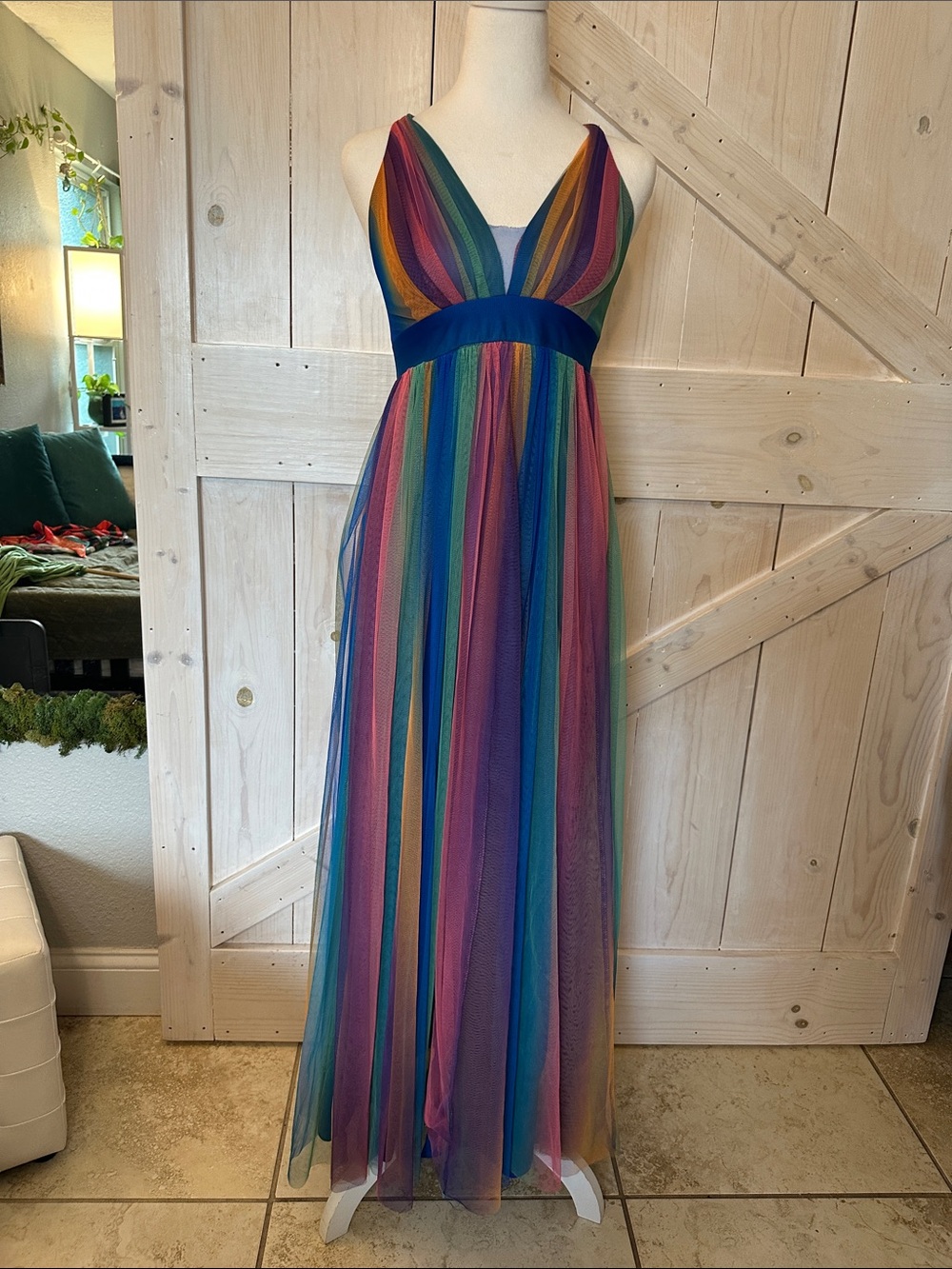 Rainbow Multi-Color Striped Tulle Maxi Dress